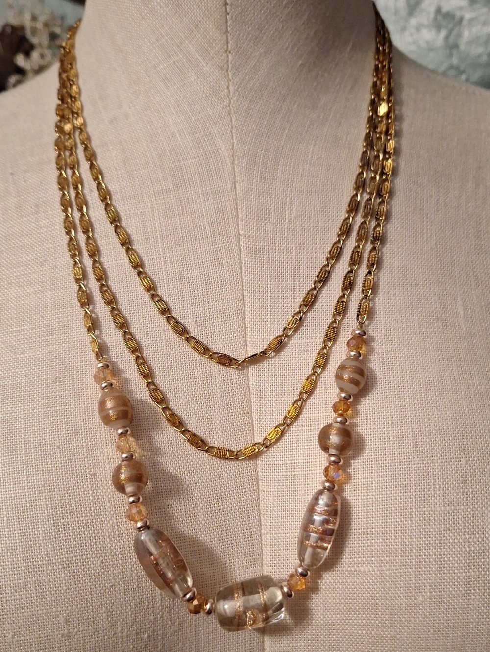 Gold Tone Multi-Strand Lampwork Beaded Necklace